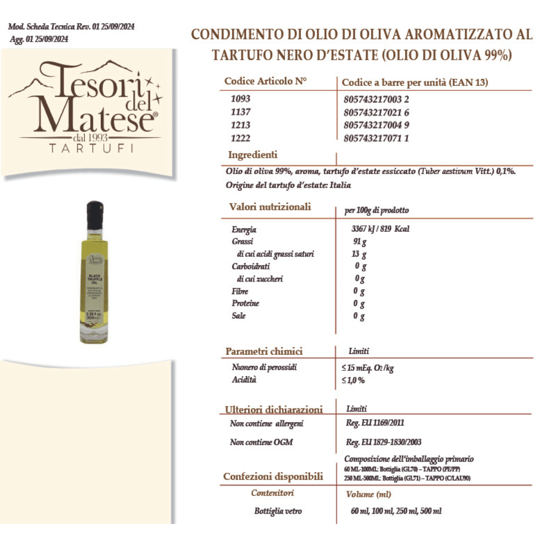 Olio di oliva al tartufo nero Scheda Prodotto